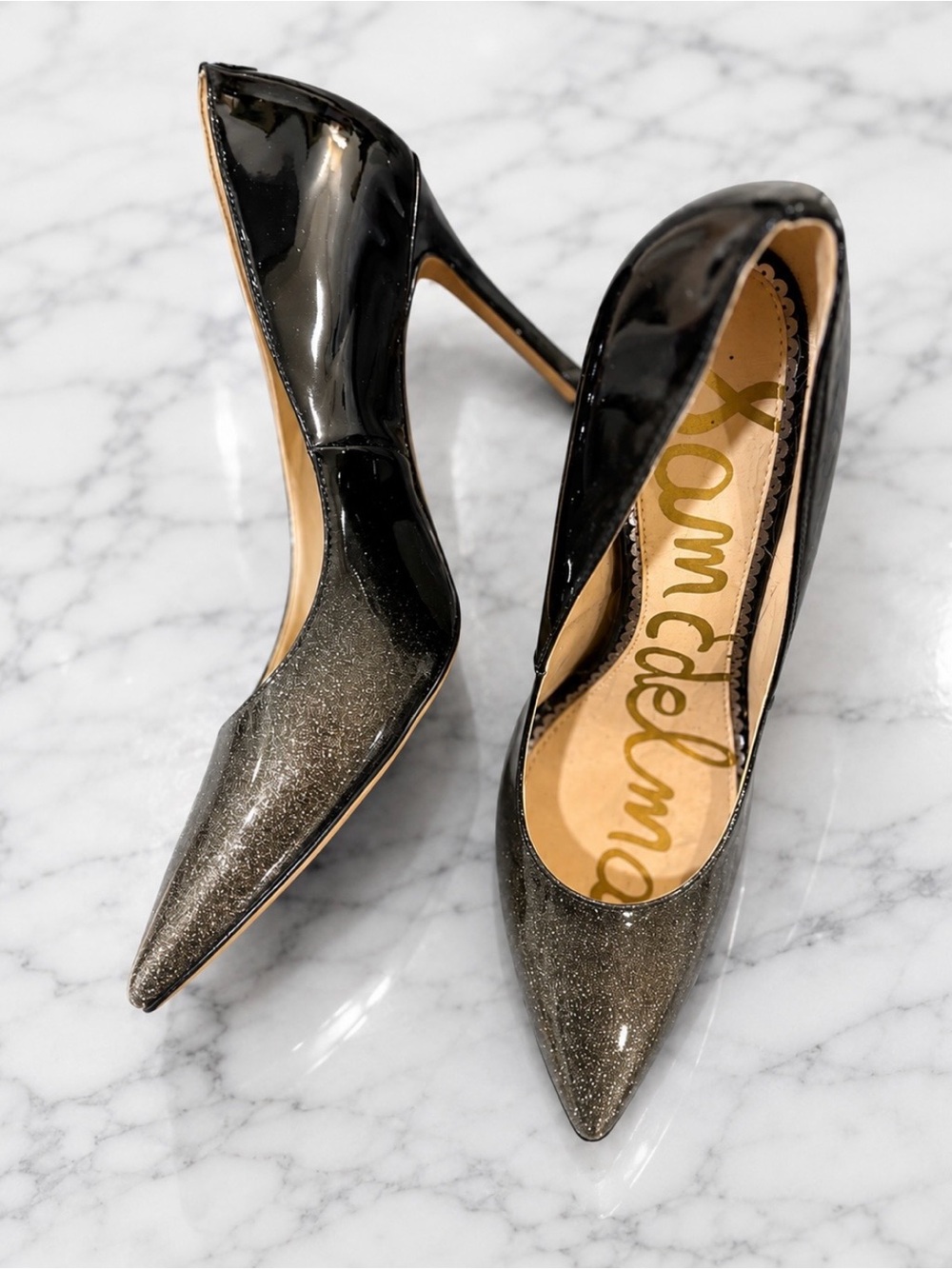 Sam Edelman Black Stiletto Glitter Ombré Gold Patent Heels 8.5 NEW